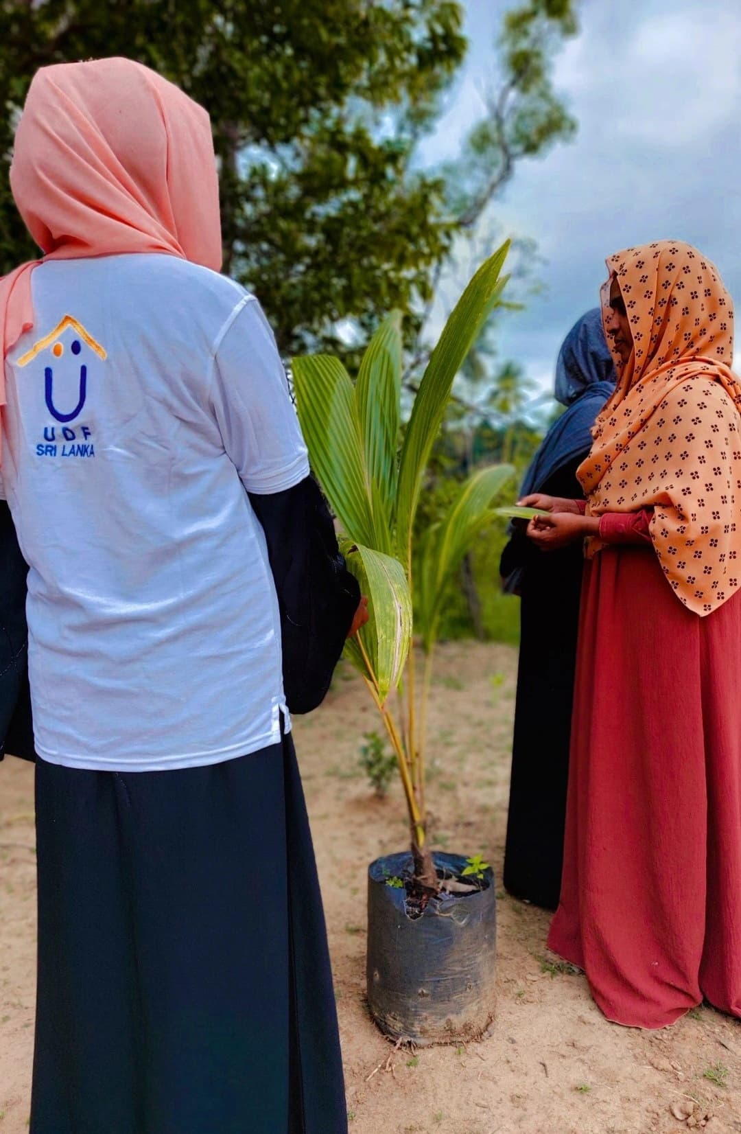 A UDF volunteer in a UDF Sri Lanka t-shirt standing with community members beside a young coconut sapling ready for planting
